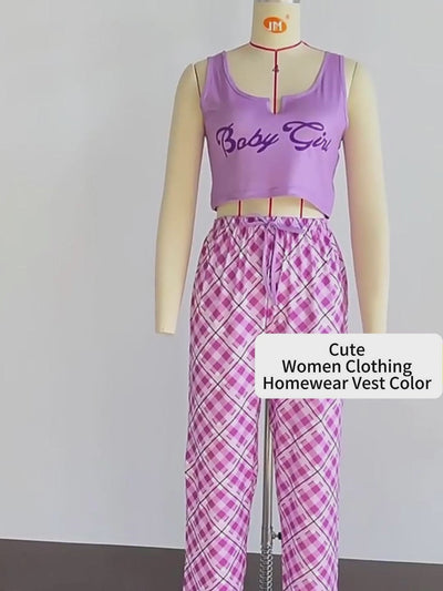Letter Print Top and Plaid Pants Pajama Set 2 Piece Casual Sleepwear