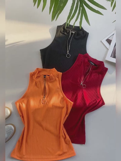 Zip Up Tank Top Sleeveless Solid Color Breathable Casual Summer Top