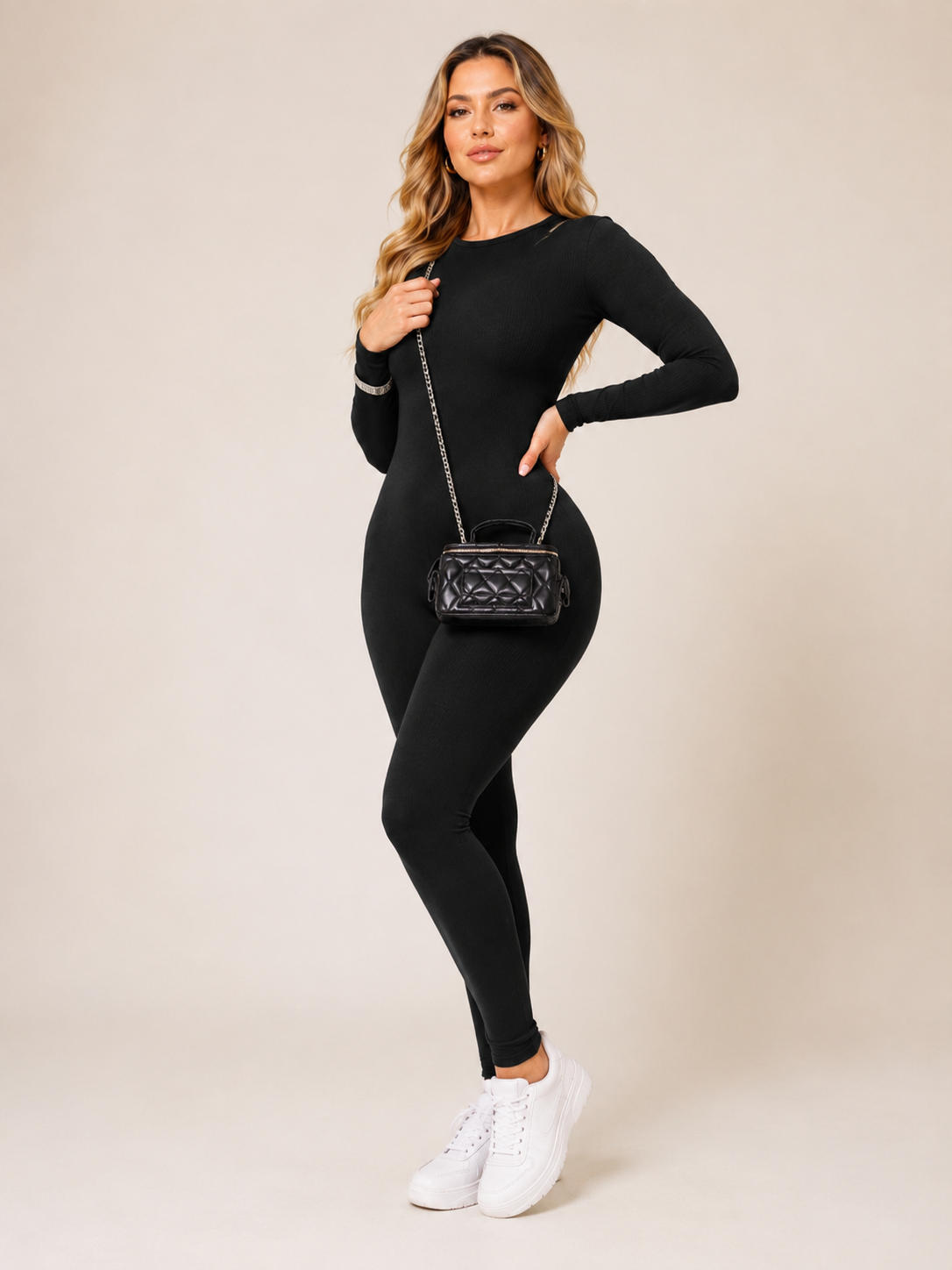 Ribbed Knit Long Sleeve Jumpsuit Solid Color Round Neck Slim Fit Romper