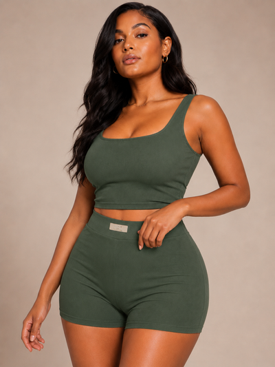 Ribbed Tank Top and Shorts Set 2 Piece Casual Slim Fit Lounge Set