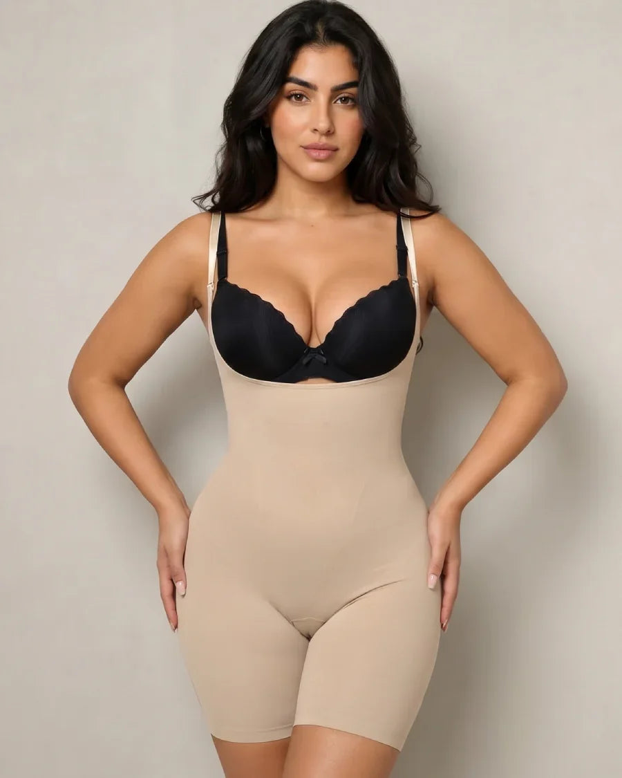 Women's Seamless Tummy Control Bodysuit Shaper, Mid-Thigh Coverage (Beige, Medium)