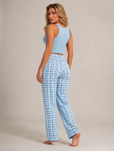 Letter Print Top and Plaid Pants Pajama Set 2 Piece Casual Sleepwear