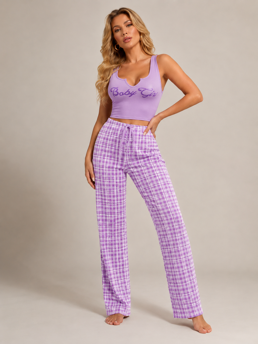 Letter Print Top and Plaid Pants Pajama Set 2 Piece Casual Sleepwear