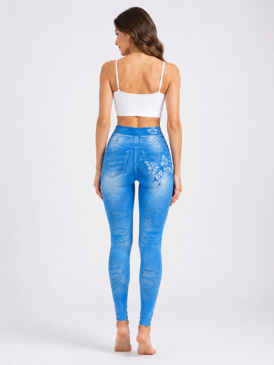 Womens Denim-Look Skinny Pants With Belt And Butterfly Print