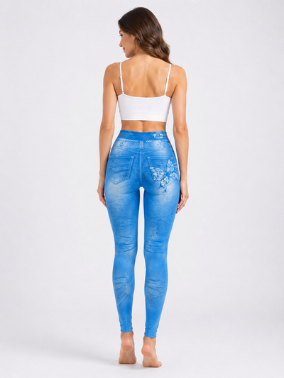 Womens Denim-Look Skinny Pants With Belt And Butterfly Print