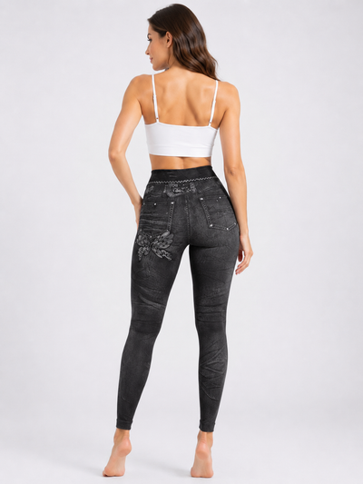 Womens Denim-Look Skinny Pants With Belt And Butterfly Print