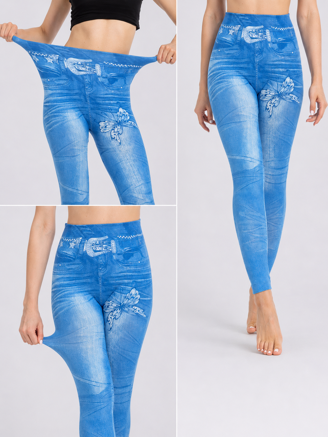 Womens Denim-Look Skinny Pants With Belt And Butterfly Print